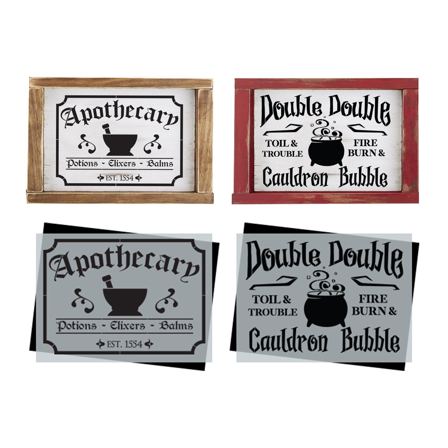 DIY reusable Halloween stencils, Apothecary sign stencil, Double Double toil and trouble fire burn and cauldron bubble sign stencil, Witch sign stencils