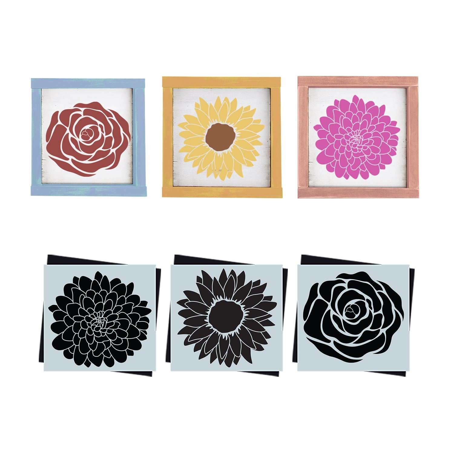 DIY reusable farmhouse flower sign stencils, large sunflower silhouette stencil, sunflower template stencil, large rose silhouette stencil, rose template stencil, large chrysanthemum silhouette stencil, chrysanthemum template stencil, Spring flower faces
