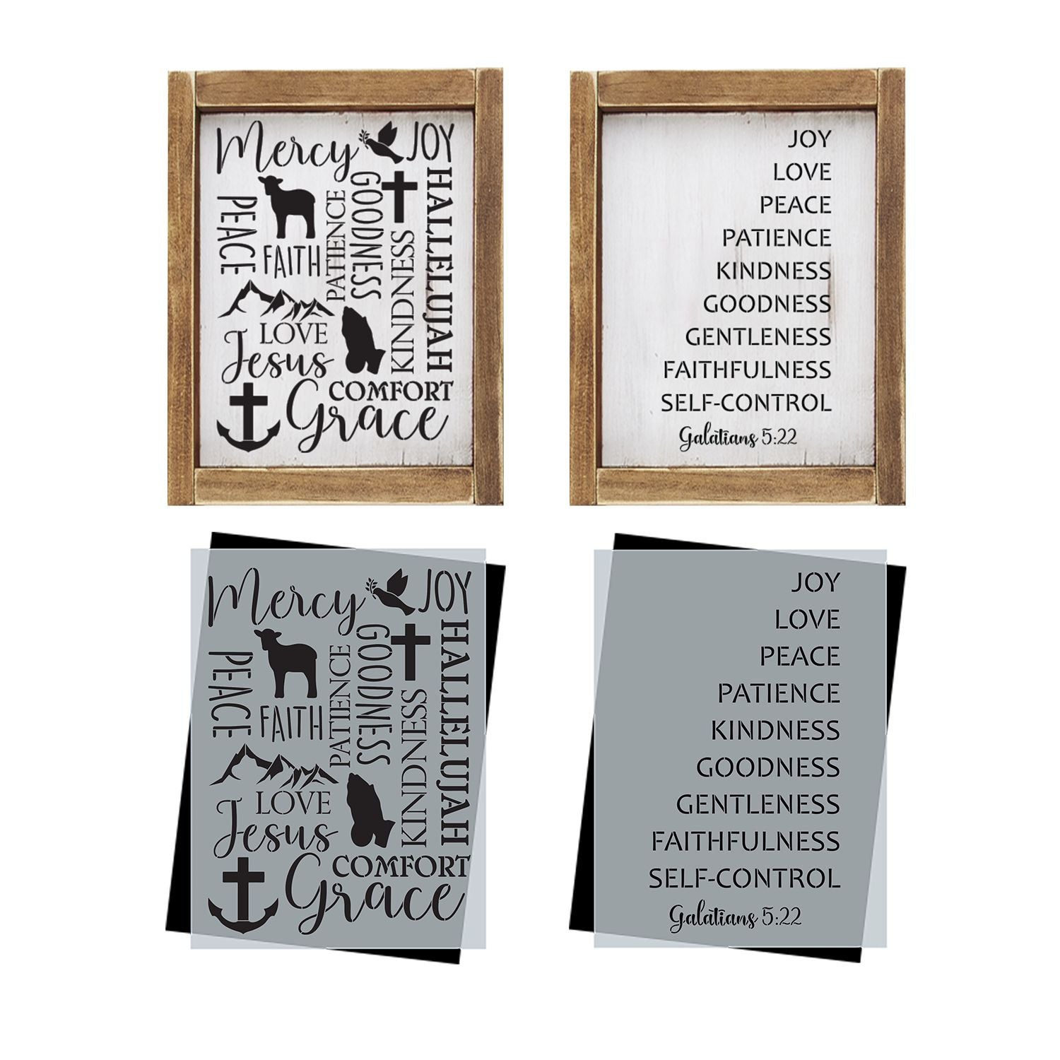 diy reusable farmhouse scripture sign stencil, christian collage sign stencil,  Mercy, Joy, Peace, Faith, Patience, Goodness, Kindness, Hallelujah, Love, Jesus, Comfort, Grace sign stencil,  Joy, Love, Peace, Patience, Kindness, Goodness, Gentleness, Faithfulness, Self-Control - Galatians 5:22 sign stencil, dove with olive branch lamb cross praying hands mountains anchor scripture stencil collage