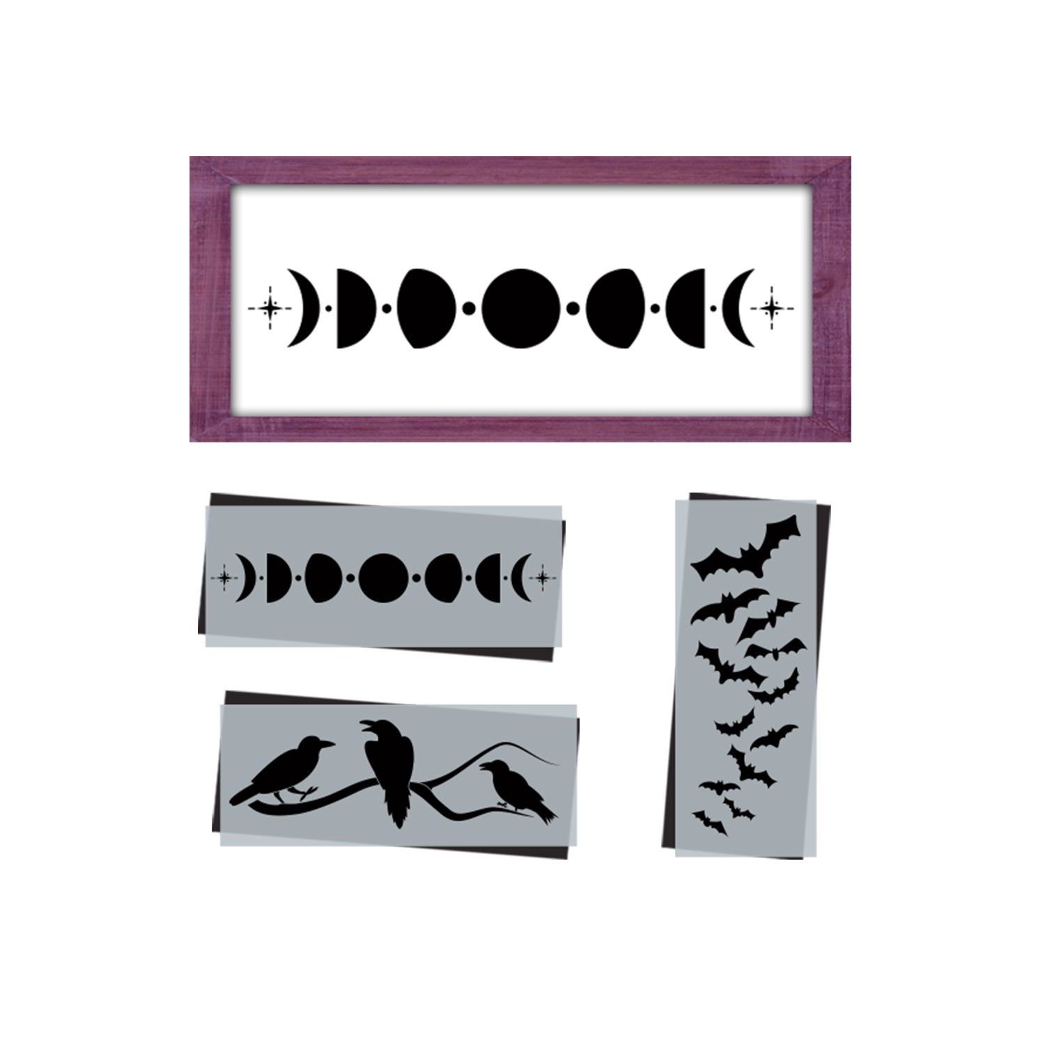 reusable halloween stencils, moon phase stencil, moon phase sign, crows on a branch wood sign, floating bats, flying bats , halloween birds, moon wood sign, boho halloween sign stencils, minimalist halloween decor