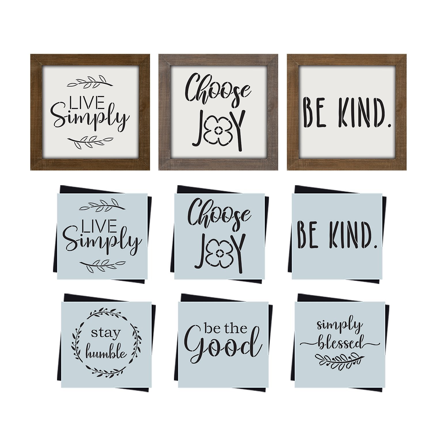 DIY reusable farmhouse home decor stencils,  Live Simply wooden sign stencil, Choose Joy sign stencil, Be Kind. stencil, Stay Humble sign stencil, be the good  sign stencil, simply blessed sign stencil, tiered tray signs, DIY home decor, modern farmhouse diy home decor, DIY small shelf sign 