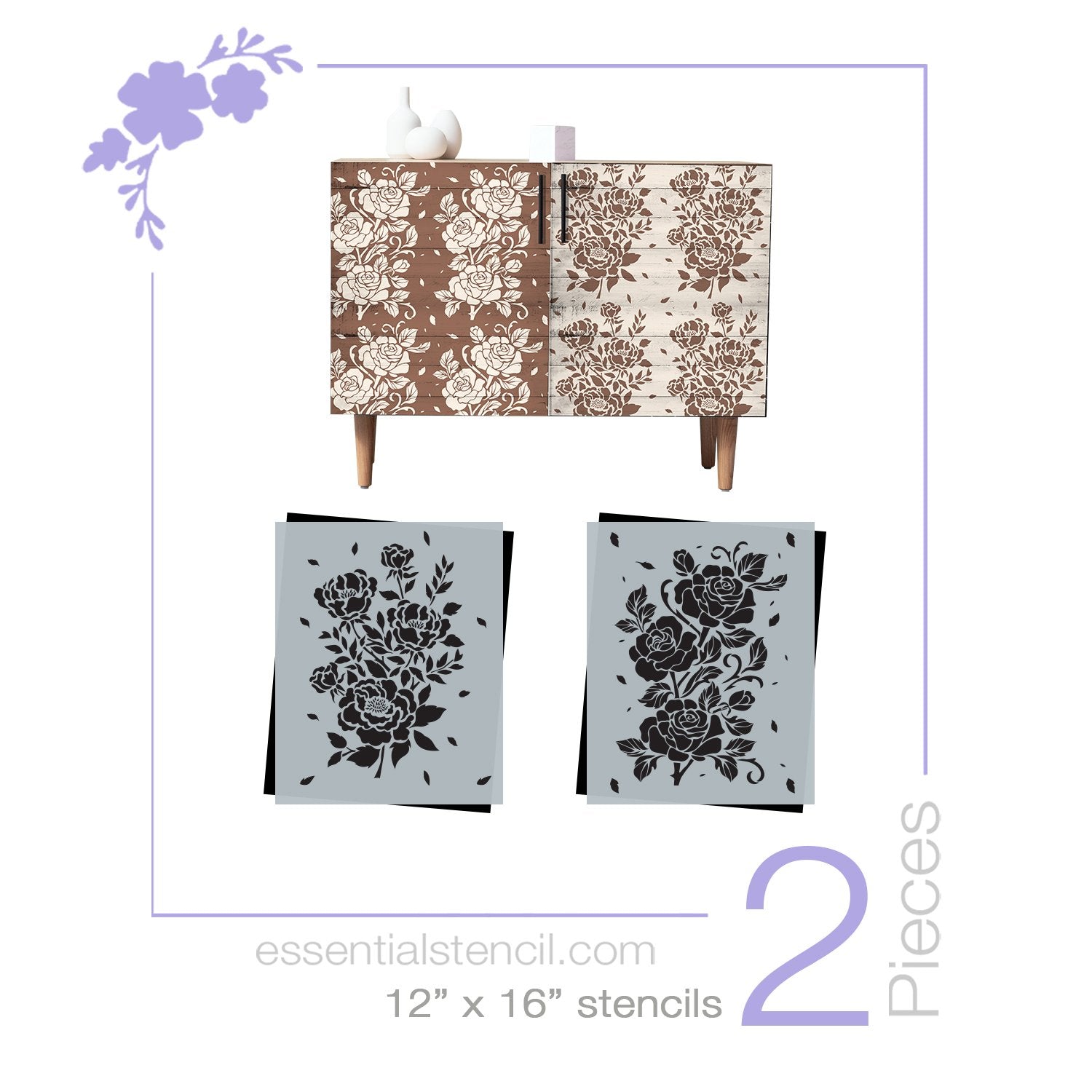 DIY flower reusable furniture pattern stencils, floral design Rose stencil and Peony stencil