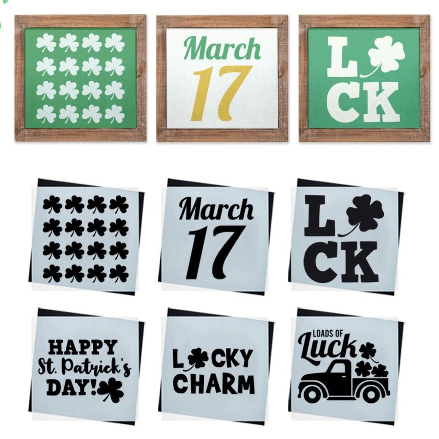 DIY reusable farmhouse St. Patrick's Day sign stencils, shamrock stencils, shamrocks vintage truck sign stencils, happy st. patrick's day sign stencils, lucky charm sign stencil, March 17 stencil
