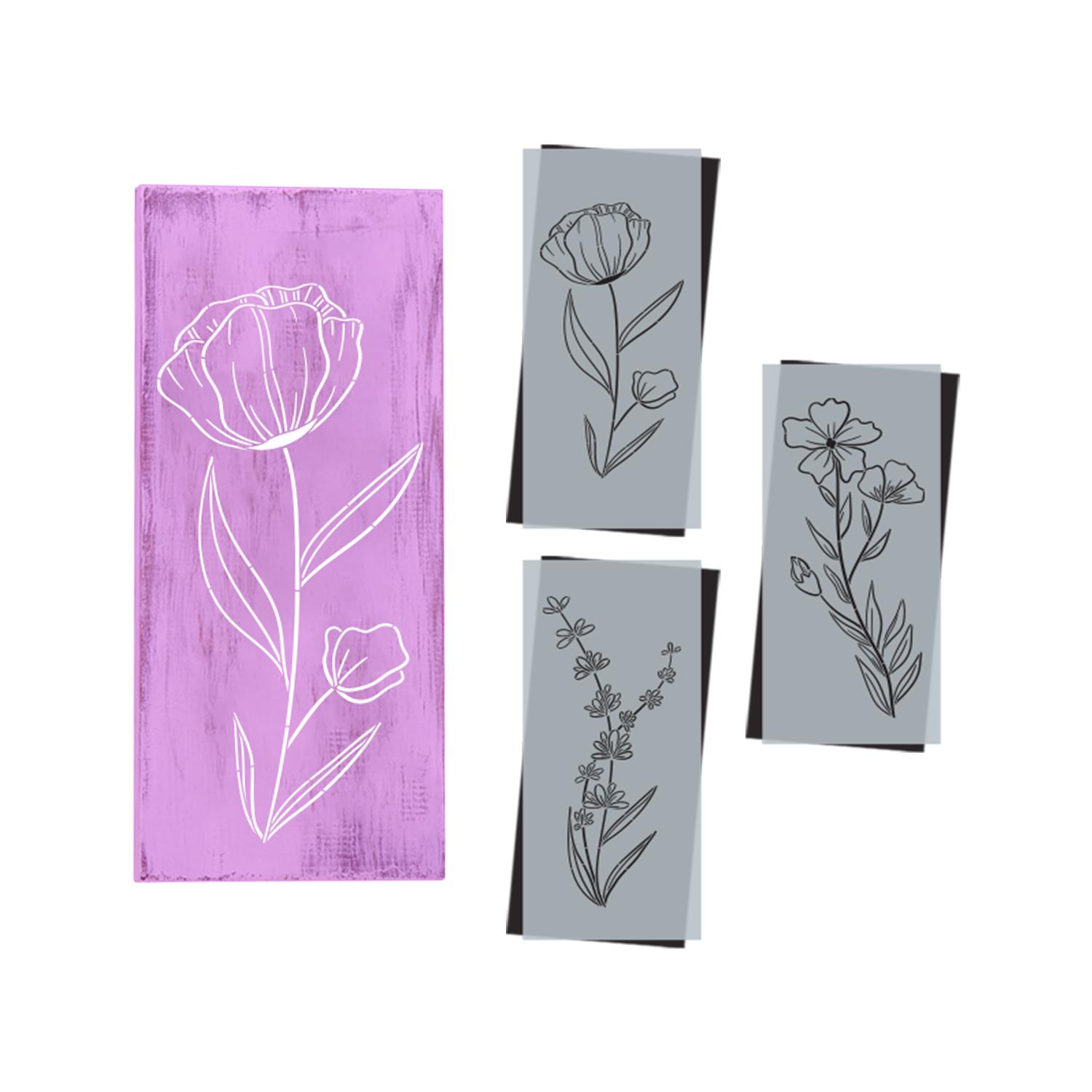DIY reusable wildflower stencils, thin pencil art flower stencils, diy minimalistic spring  home decor, lavender flower stencil, poppy flower stencil, flax flower stencil, diy wildflower wood signs