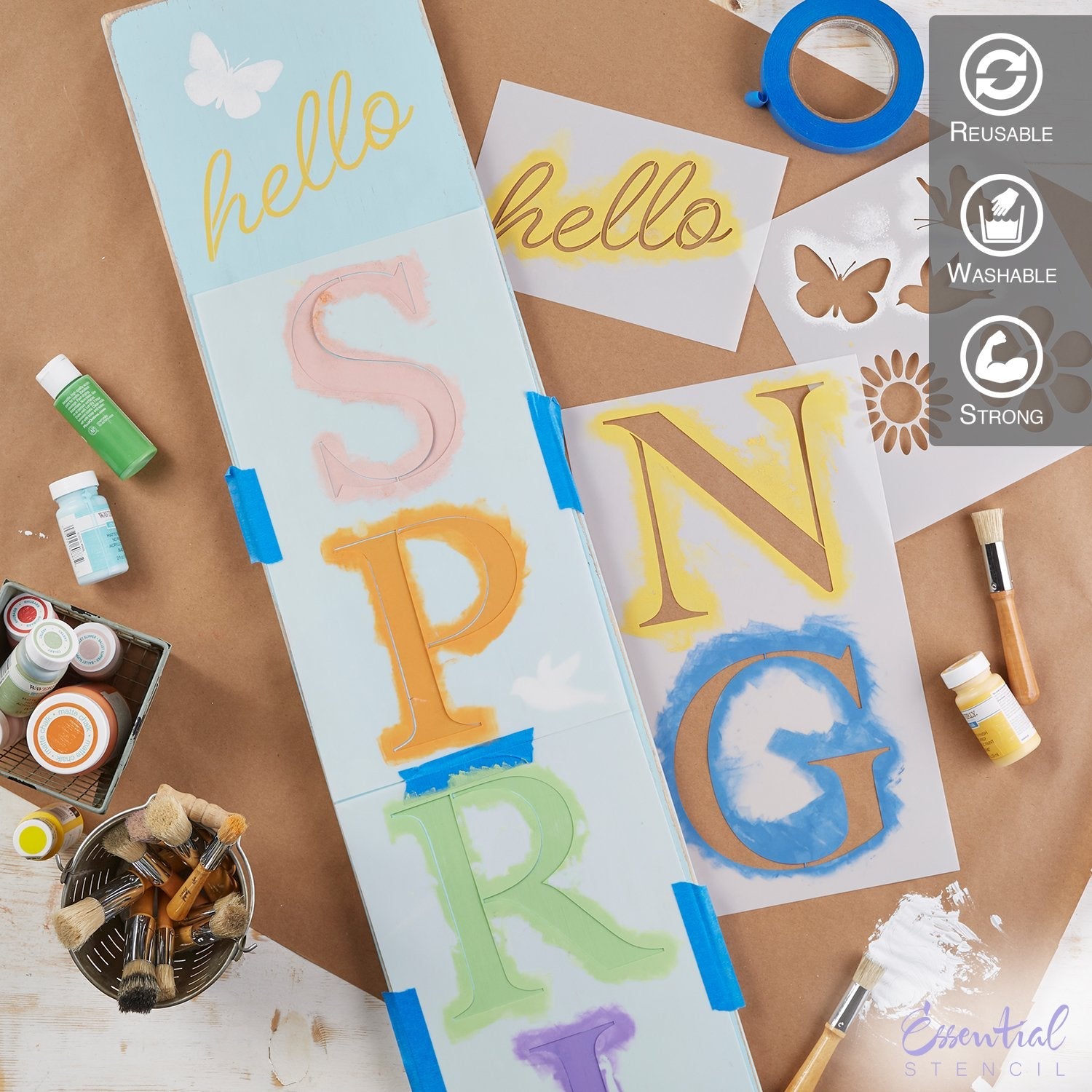 Reusable Vertical Hello Spring front porch leaner sign stencil for painting on wood | DIY Spring Home Decor