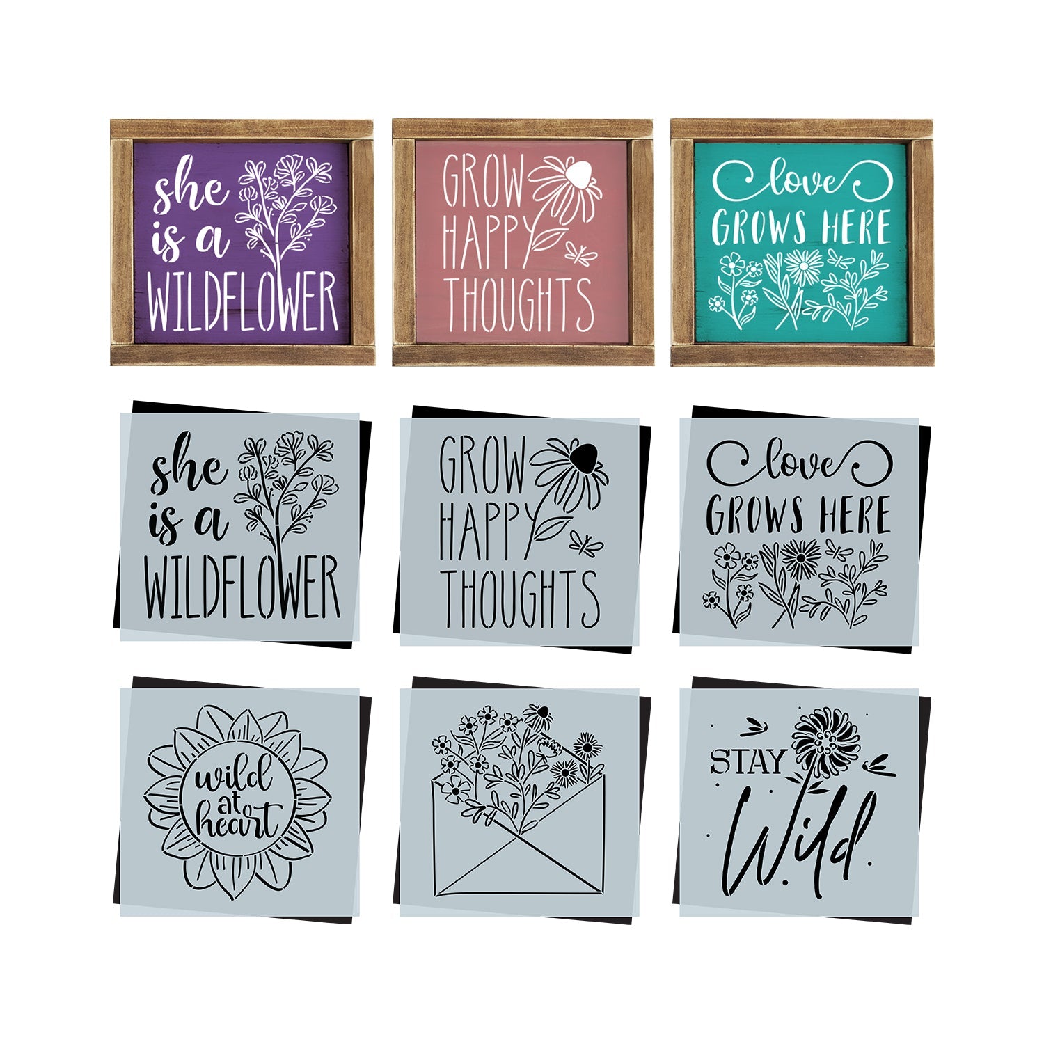 DIY reusable modern farmhouse wildflower mini wood signs, whimsical boho wildflower home decor stencils,  flower tiered tray wood sign,  Spring flower mini sign stencils, she is a wildflower, grow happy thoughts, love grows here, wild at heart, stay wild, envelope full of flowers, upcycle,  flower arts and crafts, scrapbooking, junk journal, card making